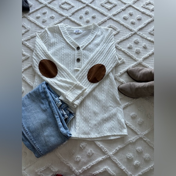 Ivory fisherman's sweater top with suede elbow Size M - Picture 1 of 8